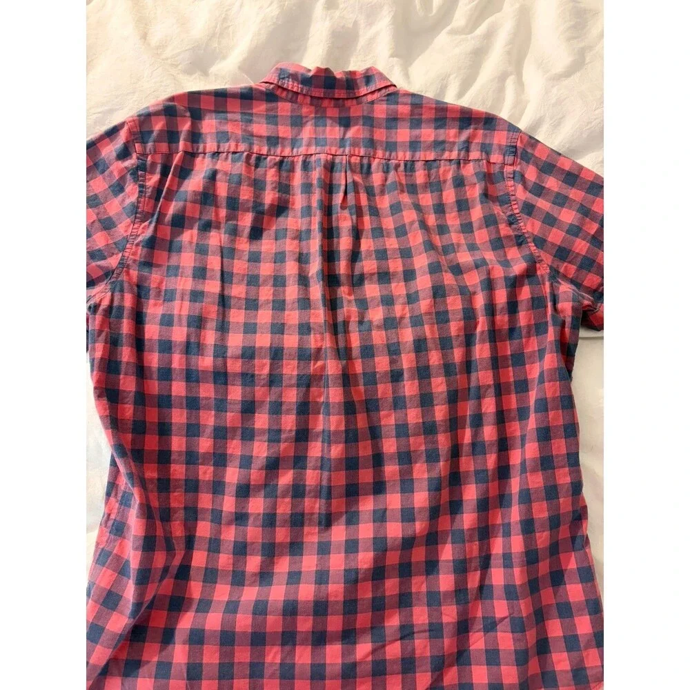 J.Crew Mens Cotton Short Sleeve Buffalo Check Shirt Red Blue Large Slim Stretch